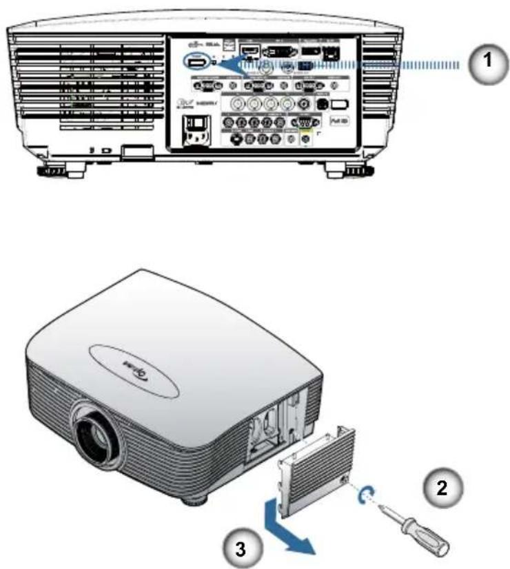 Diagram showing the internal components of a projector with labeled parts and a close-up view of its internal structure.