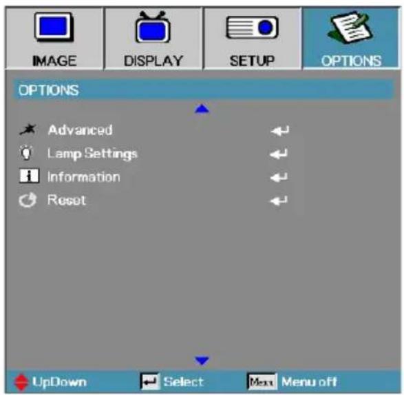 IMAGE DISPLAY SETUP OPTIONS OPTIONS Advanced Lamp Settings Information Reset UpDown Select Menu off