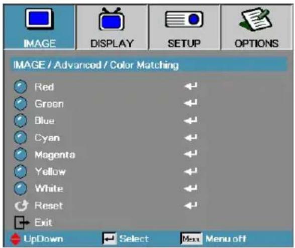 IMAGE / Advanced / Color Matching Red Green Blue Cyan Magenta Yellow White Reset Exit UpDown Select Max Menu off