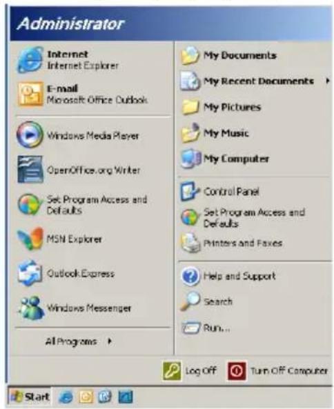Administrator Internet Internet Explorer E-mail Microsoft Office Outlook Windows Media Player OpenOffice.org Writer Set Program Access and Defaults MSN Explorer Outlook Express Windows Messenger All Programs > My Documents My Recent Documents > My Pictures My Music My Computer Control Panel Set Program Access and Defaults Printers and Faxes Help and Support Search Run... Log Off Turn Off Computer Start