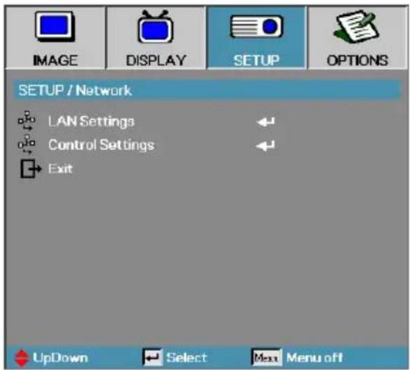 IMAGE DISPLAY SETUP OPTIONS SETUP / Network LAN Settings Control Settings Exit UpDown Select Menu off