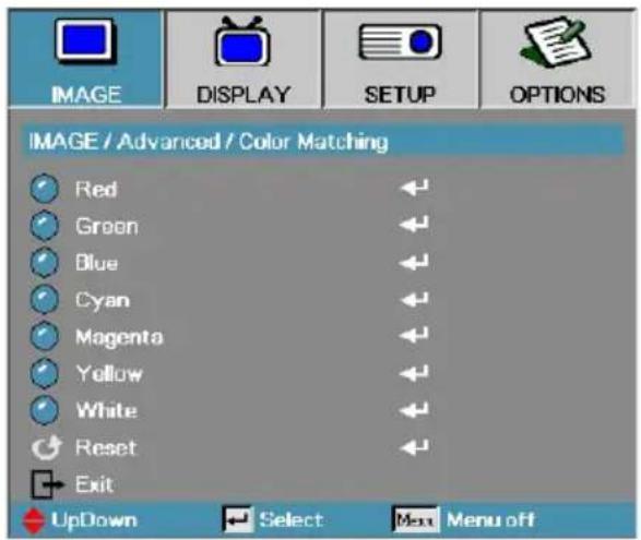 IMAGE / Advanced / Color Matching Red Green Blue Cyan Magenta Yellow White Reset Exit UpDown Select Menu off