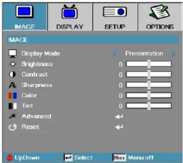 IMAGE DISPLAY SETUP OPTIONS IMAGE Display Mode Brightness Contrast Sharpness Color Tint Advanced Reset Presentation 0 0 0 0 0 UpDown Select Menu off