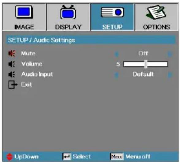 IMAGE DISPLAY SETUP OPTIONS SETUP / Audio Settings Mute Volume Audio Input Exit Off 5 Default UpDown Select Menu off