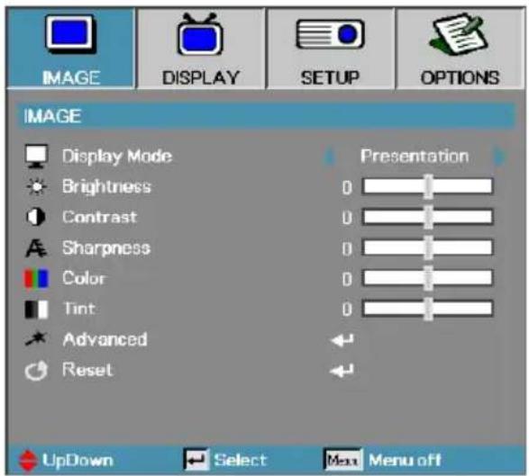 IMAGE DISPLAY SETUP OPTIONS IMAGE Display Mode Brightness Contrast Sharpness Color Tint Advanced Reset Presentation 0 0 0 0 0 UpDown Select Menu off