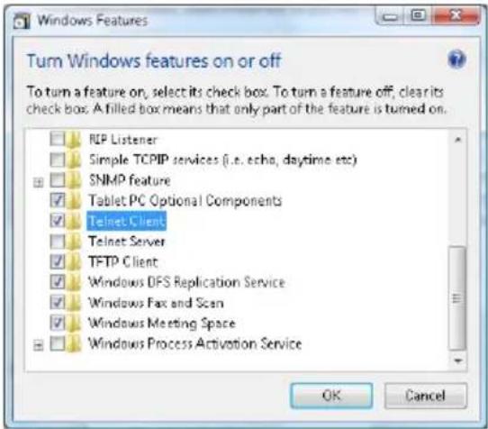 Windows Features Turn Windows features on or off To turn a feature on, select its check box. To turn a feature off, clear its check box. A filled box means that only part of the feature is turned on. RIP Listener Simple TCPIP services (i.e. echo, daytime etc) SNMP feature Tablet PC Optional Components Telnet Client Telnet Server TFTP Client Windows DFS Replication Service Windows Fax and Scan Windows Meeting Space Windows Process Activation Service OK Cancel