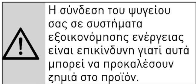 Η σύνδεση του ψυγείου σας σε συστήματα εξοικονόμησης ενέργειας είναι επικίνδυνη γιατί αυτά μπορεί να προκαλέσουν ζημιά στο προϊόν.