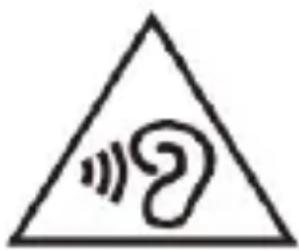Warning symbol with a triangular triangle containing a stylized 'e' and sound waves inside, indicating sound or audio hazard.