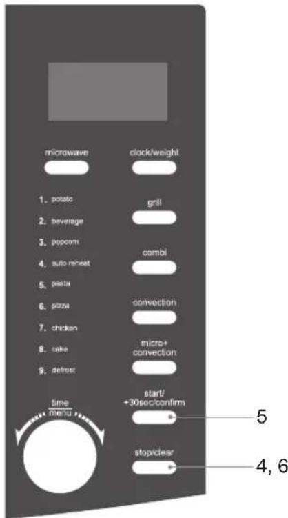 microwave clock/weight 1. potato 2. beverage 3. popcorn 4. auto reheat 5. pasta 6. pizza 7. chicken 8. cake 9. defrost time menu grill comb convection micro+ convection start/ +30sec/confirm stop/clear 5 4, 6