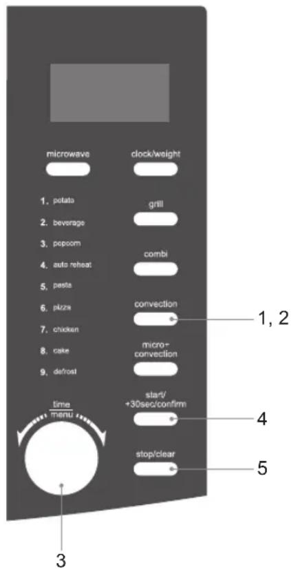 microwave clock/weight 1. potato 2. beverage 3. popcorn 4. auto reheat 5. pasta 6. pizza 7. chicken 8. cake 9. defrost time menu start/ +30sec/confirm stop/clear 1, 2 4 5 3