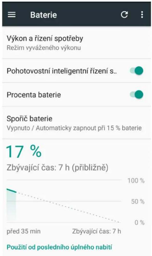 Baterie Výkon a řízení spotřeby Režim vyváženého výkonu Pohotovostní inteligentní řízení s.. Procenta baterie Spořič baterie Vypnuto / Automaticky zapnout při 15 % baterie 17 % Zbývající čas: 7 h (přibližně) před 35 min Zbývající čas: 7 h Použití od posledního úplného nabití