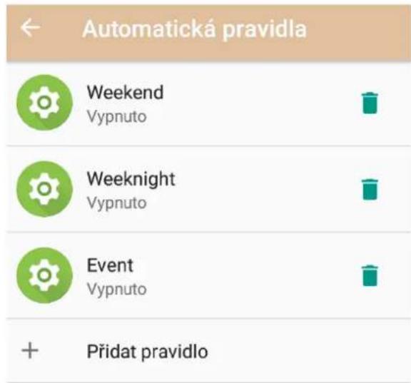 Automatická pravidla Weekend Vypnuto Weeknight Vypnuto Event Vypnuto + Přidat pravidlo