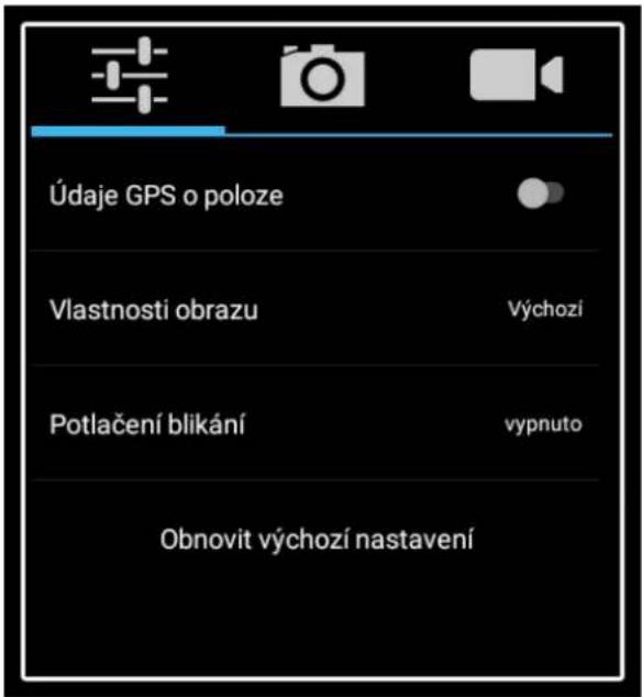 Údaje GPS o poloze Vlastnosti obrazu Výchozí Potlačení blikání vypnuto Obnovit výchozí nastavení