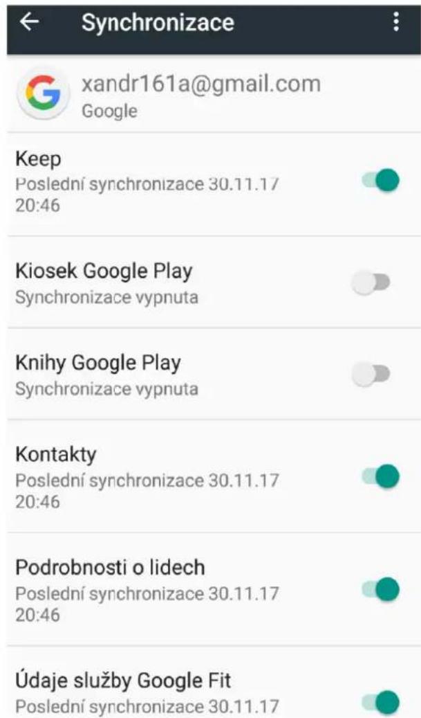 ← Synchronizace xandr161a@gmail.com Google Keep Poslední synchronizace 30.11.17 20:46 Kiosek Google Play Synchronizace vypnuta Knihy Google Play Synchronizace vypnuta Kontakty Poslední synchronizace 30.11.17 20:46 Podrobnosti o lidech Poslední synchronizace 30.11.17 20:46 Údaje služby Google Fit Poslední synchronizace 30.11.17