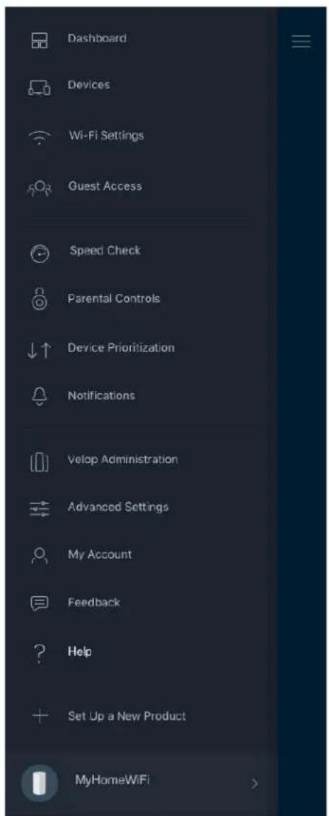Dashboard Devices Wi-Fi Settings Guest Access Speed Check Parental Controls Device Prioritization Notifications Velop Administration Advanced Settings My Account Feedback Help Set Up a New Product MyHomeWiFi