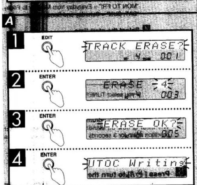 A 1 EDIT TRACK ERASE? 4 0:01 2 ENTER ERASE = 4 RUT DOSE 100% 0:03 3 ENTER MERASE OK? &#noos e #o#n##s ####.005 4 ENTER UTOC Writins sm mut o##t y ##y9