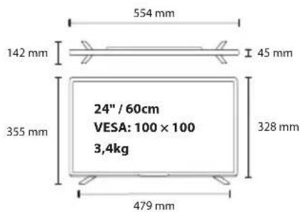 554 мм 142 мм 45 мм 355 мм 24" / 60 см VESA: 100 × 100 3,4 кг 328 мм 479 мм