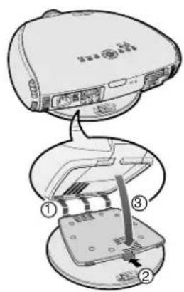 Diagram showing a device with labeled parts, including a top view and three views of a device with internal components.