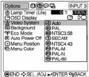 Options Lamp Timer (Life) 0 h 100% OSD Display Video System Background Eco Mode Auto Power Off Menu Position Menu Color Auto PAL NTSC3.58 SECAM NTSC4.43 PAL-M PAL-N PAL-60 END SEL ADJ ENTER BACK