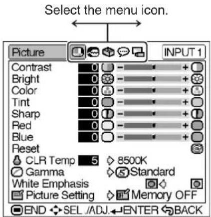 Select the menu icon. Picture INPUT 1 Contrast 0 - + + Bright 0 - + + Color 0 - + + Tint 0 - + + Sharp 0 - + + Red 0 - + + Blue 0 - + + Reset CLR Temp 5 8500K Gamma Standard White Emphasis Picture Setting Memory OFF END SEL /ADJ ENTER BACK