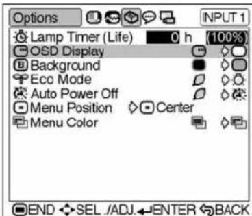 Options Lamp Timer (Life) 0 h (100%) OSD Display Background Ecc Mode Auto Power Off Menu Position Center Menu Color