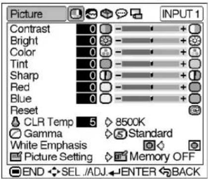 Picture INPUT 1 Contrast 0 - + - Bright 0 - + + Color 0 - + + Tint 0 - + + Sharp 0 - + + Red 0 - + + Blue 0 - + + Reset CLR Temp 5 8500K Gamma Standard White Emphasis Picture Setting Memory OFF END SEL /ADJ ENTER BACK