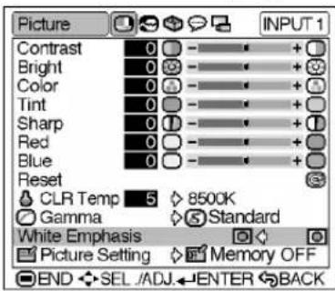 Picture INPUT 1 Contrast 0 - + + Bright 0 - + + Color 0 - + + Tint 0 - + + Sharp 0 - + + Red 0 - + + Blue 0 - + + Reset CLR Temp 5 8500K Gamma Standard White Emphasis Picture Setting Memory OFF END SEL/ADJ-ENTER BACK