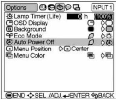 Options Lamp Timer (Life) 0 h (100%) OSD Display Background Eco Mode Auto Power Off Menu Position Center Menu Color
