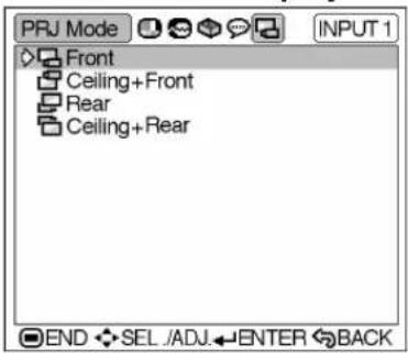 PRJ Mode INPUT 1 Front Ceiling+Front Rear Ceiling+Rear END SEL./ADJ-ENTER BACK