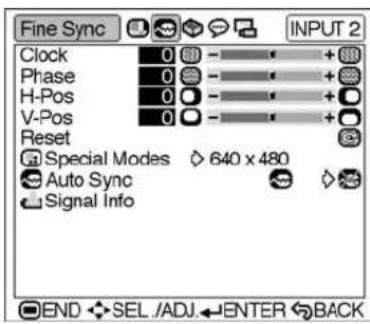Fine Sync INPUT 2 Clock 0 - + Phase 0 - + H-Pos 0 - + V-Pos 0 - + Reset Special Modes 640 x 480 Auto Sync Signal Info END SEL/ADJ ENTER BACK