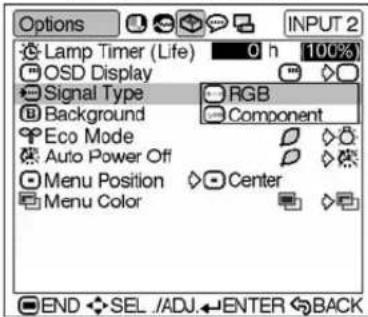Options Lamp Timer (Life) 0 h 100% OSD Display Signal Type RGB Background Component Eco Mode Auto Power Off Menu Position Center Menu Color END SEL /ADJ. ENTER BACK