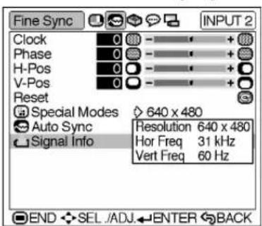 Fine Sync Clock 0 - + + Phase 0 - + + H-Pos 0 - + + V-Pos 0 - + + Reset Special Modes 640 x 480 Auto Sync Resolution 640 x 480 Signal Info Hor Freq 31 kHz Vert Freq 60 Hz END SEL ADJ ENTER BACK