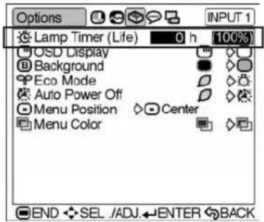 Options Lamp Timer (Life) 0 h [100%] OSD Display Background Eco Mode Auto Power Off Menu Position Center Menu Color END SEL /ADJ ENTER BACK