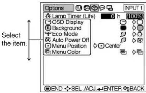 Options Lamp Timer (Life) OSD Display Background Eco Mode Auto Power Off Menu Position Menu Color 0 h (100%) Center END SEL /ADJ.←ENTER BACK