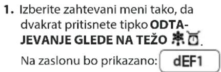 1. Izberite zahtevani meni tako, da dvakrat pritisnete tipko ODTA-JEVANJE GLEDE NA TEŽO Na zaslonu bo prikazano: dEF1