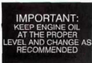 IMPORTANT: KEEP ENGINE OIL AT THE PROPER LEVEL AND CHANGE AS RECOMMENDED