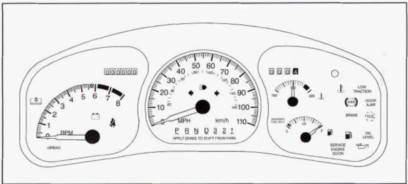 00000 5 1 2 3 4 5 6 7 8 BPM AIRBAG MPH km/h 110 P B N D 3 2 1 APPLY BRAKE TO SHIFT FROM PARK LOW TRACTION ABS DOOR AJAR BRAKE TCS SERVICE ENGINE SOON OIL LEVEL