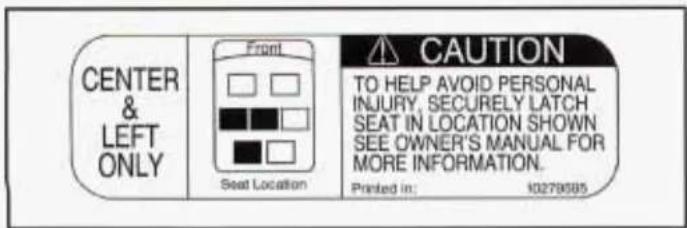 CENTER & LEFT ONLY Front Seat Location CAUTION TO HELP AVOID PERSONAL INJURY, SECURELY LATCH SEAT IN LOCATION SHOWN SEE OWNER'S MANUAL FOR MORE INFORMATION. Printed In: 10279585