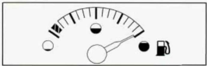 Diagram showing a gauge with fuel symbols and a fuel pump, likely representing a fuel meter or gauge.