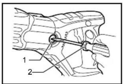 Technical diagram of a mechanical assembly with labeled parts 1 and 2