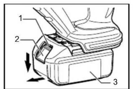 Technical diagram of a mechanical component with numbered parts and directional arrows indicating movement or force