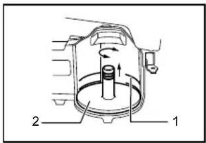 Technical diagram of a mechanical device with labeled parts 1 and 2, showing internal components and directional arrows.