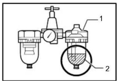 Technical diagram of a pressure regulator with labeled components and a magnified inset showing internal fluid flow.