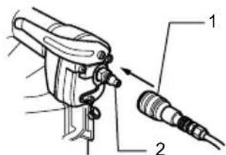 Technical diagram showing a mechanical assembly with labeled parts 1 and 2, likely illustrating a tool or component assembly.