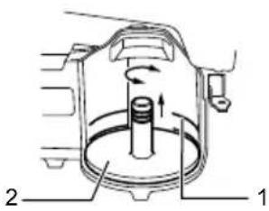 Technical diagram of a mechanical assembly with labeled parts 1 and 2, showing internal components and motion indicators.
