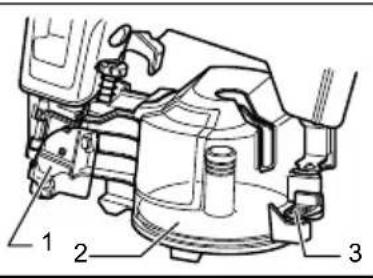 Technical diagram of a mechanical assembly with numbered parts labeled 1, 2, and 3