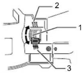 Technical diagram of a mechanical device with numbered components and directional arrows indicating motion or assembly.