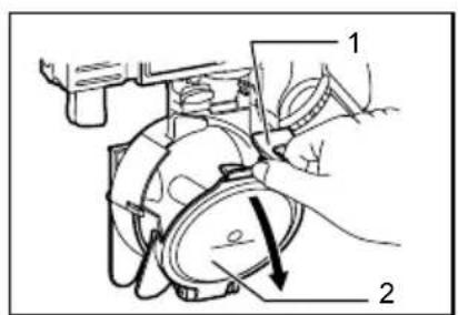 Technical diagram showing a mechanical assembly with labeled parts 1 and 2, including a directional arrow indicating motion.