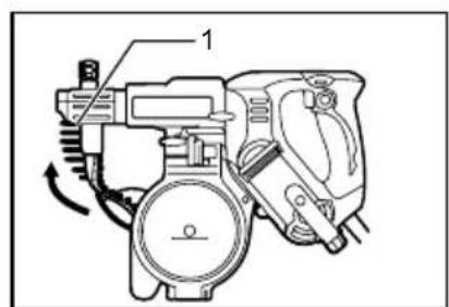 Technical diagram of a mechanical device with labeled component 1 and directional arrows indicating motion or flow.