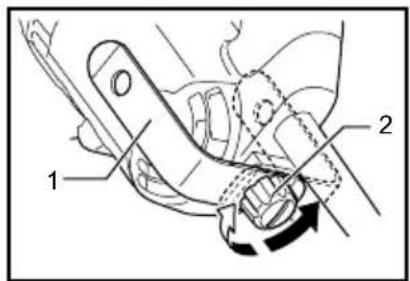 Technical diagram showing mechanical assembly with labeled parts 1 and 2, including directional arrows indicating motion or movement.